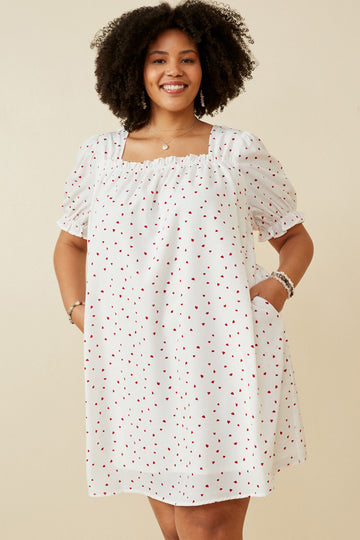 HK1689 OFF WHITE Womens Ditsy Hearts Square Neck Puff Sleeve Dress Front